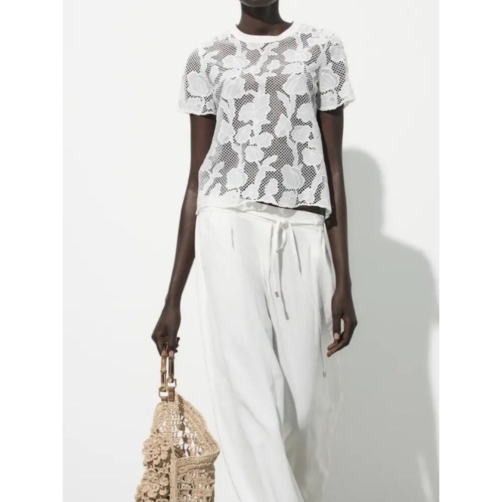 Zara White Floral Lace Mesh Short Sleeve Top